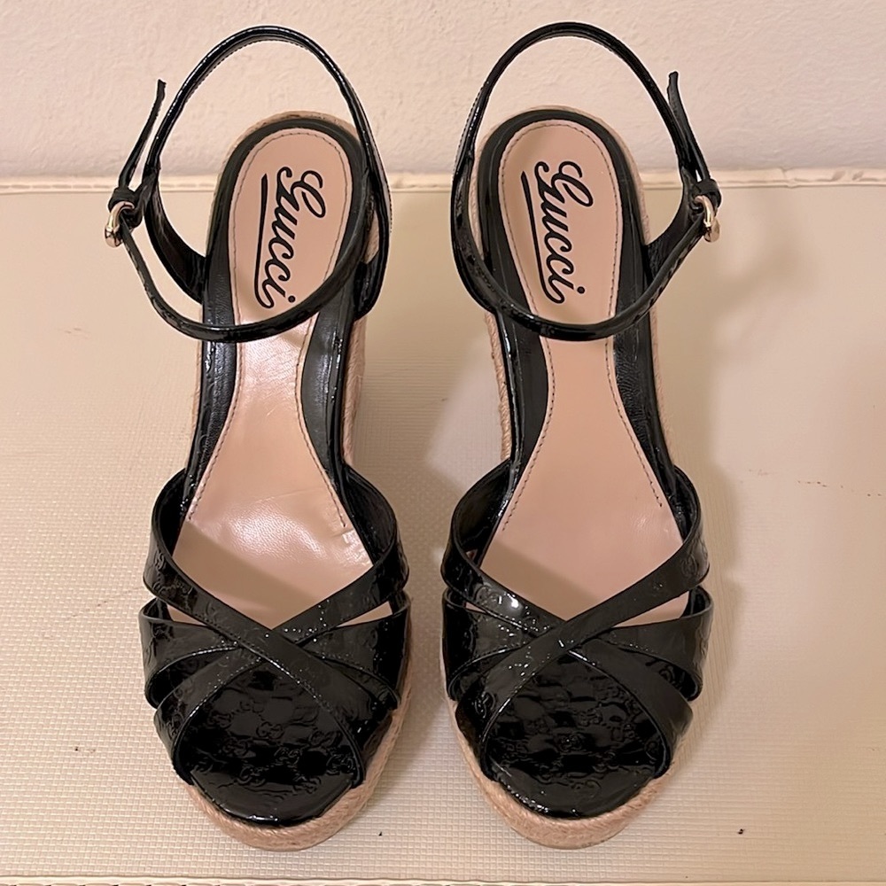 Gucci Monogram Vernice Microguccissima Espadrille Wedges - Picture 2 of 12